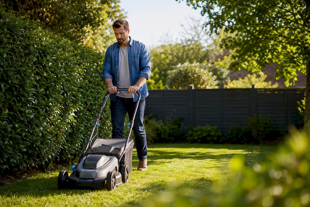 Personne en train de tondre la pelouse dans un jardin paisible