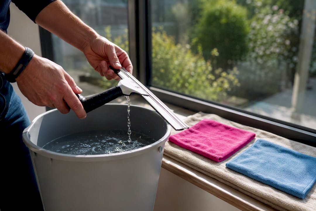 Raclette nettoyée et chiffons en microfibre propres