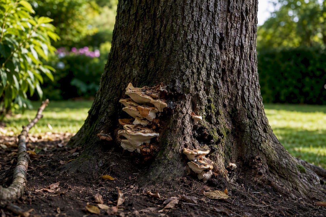 Champignons visibles au pied d’un arbre