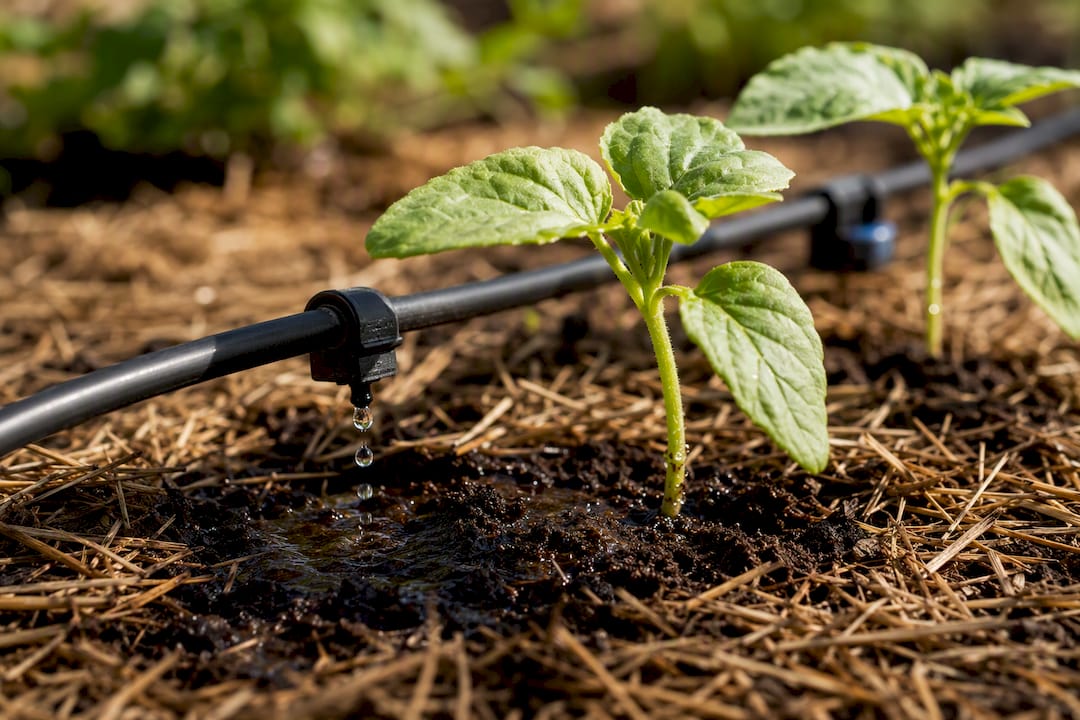 Goutteurs irriguant les jeunes plants