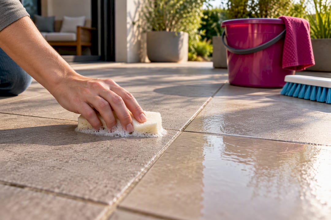 Test d'un savon doux sur un coin de carrelage