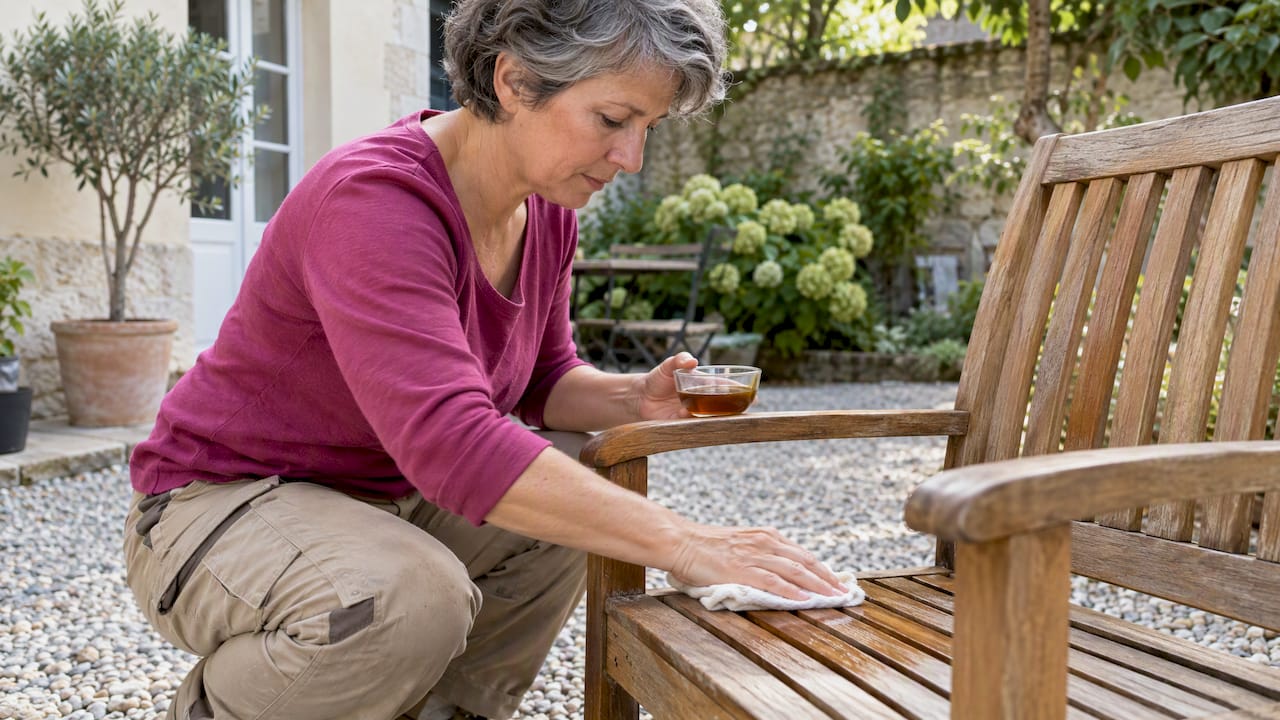 Appliquer de l’huile sur une chaise en teck