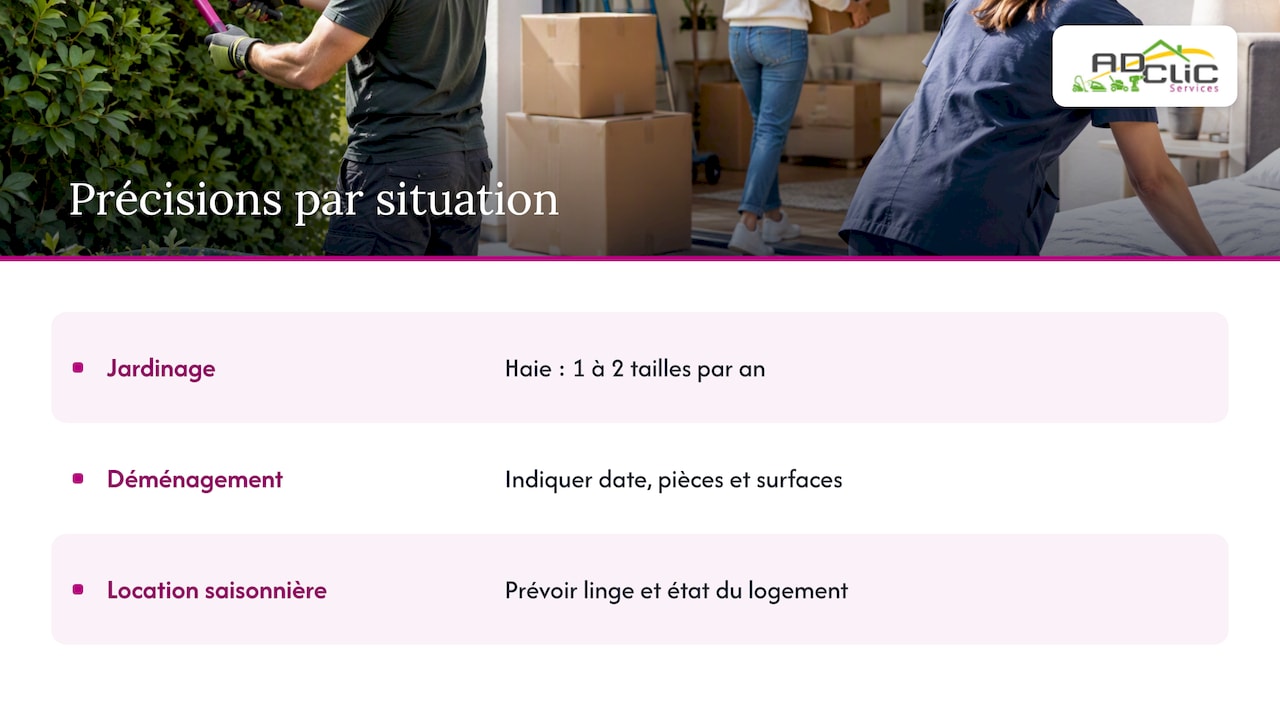 Cas particuliers : jardin, déménagement, location saisonnière — overview diagram